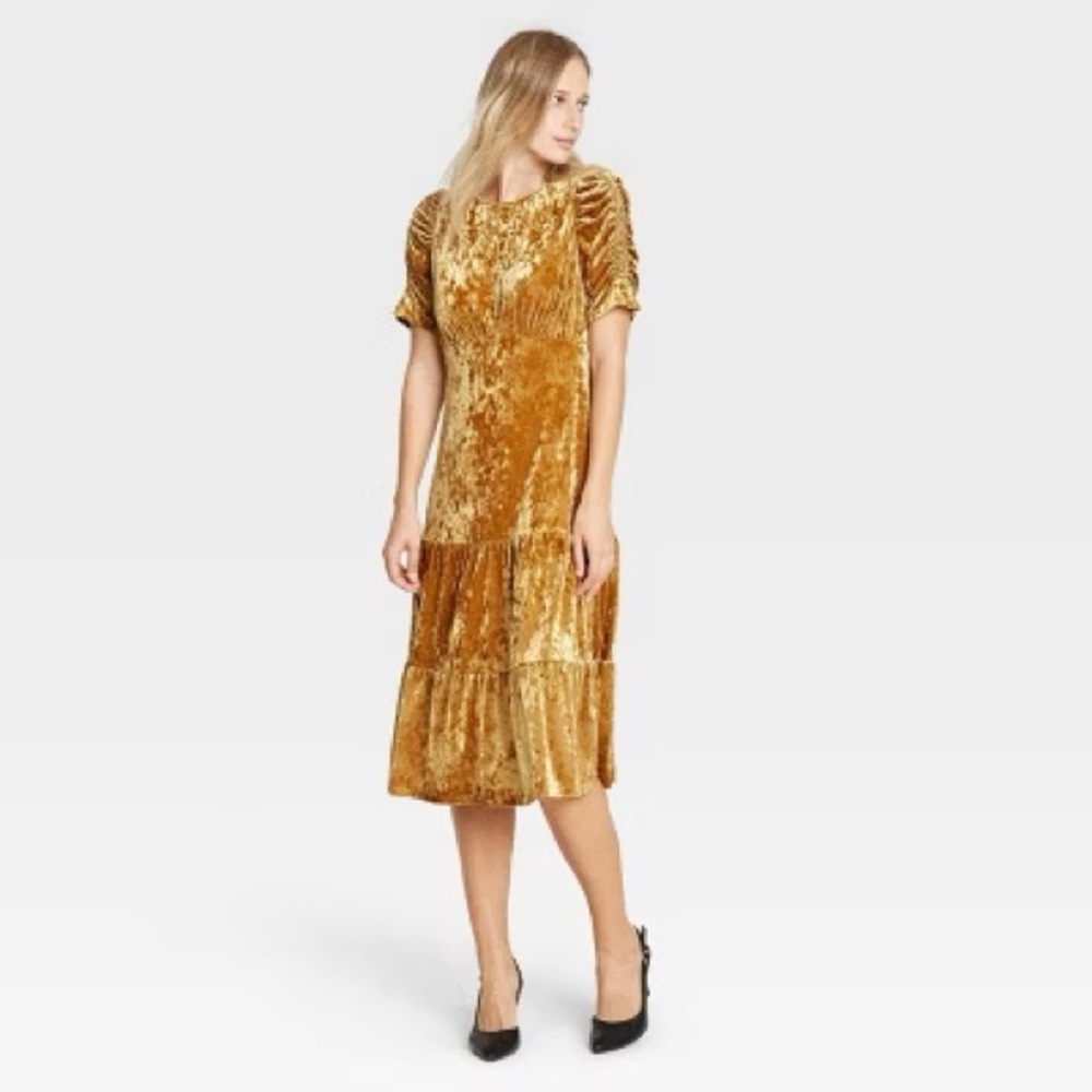 Who What Wear Gold Velvet Midi Dress